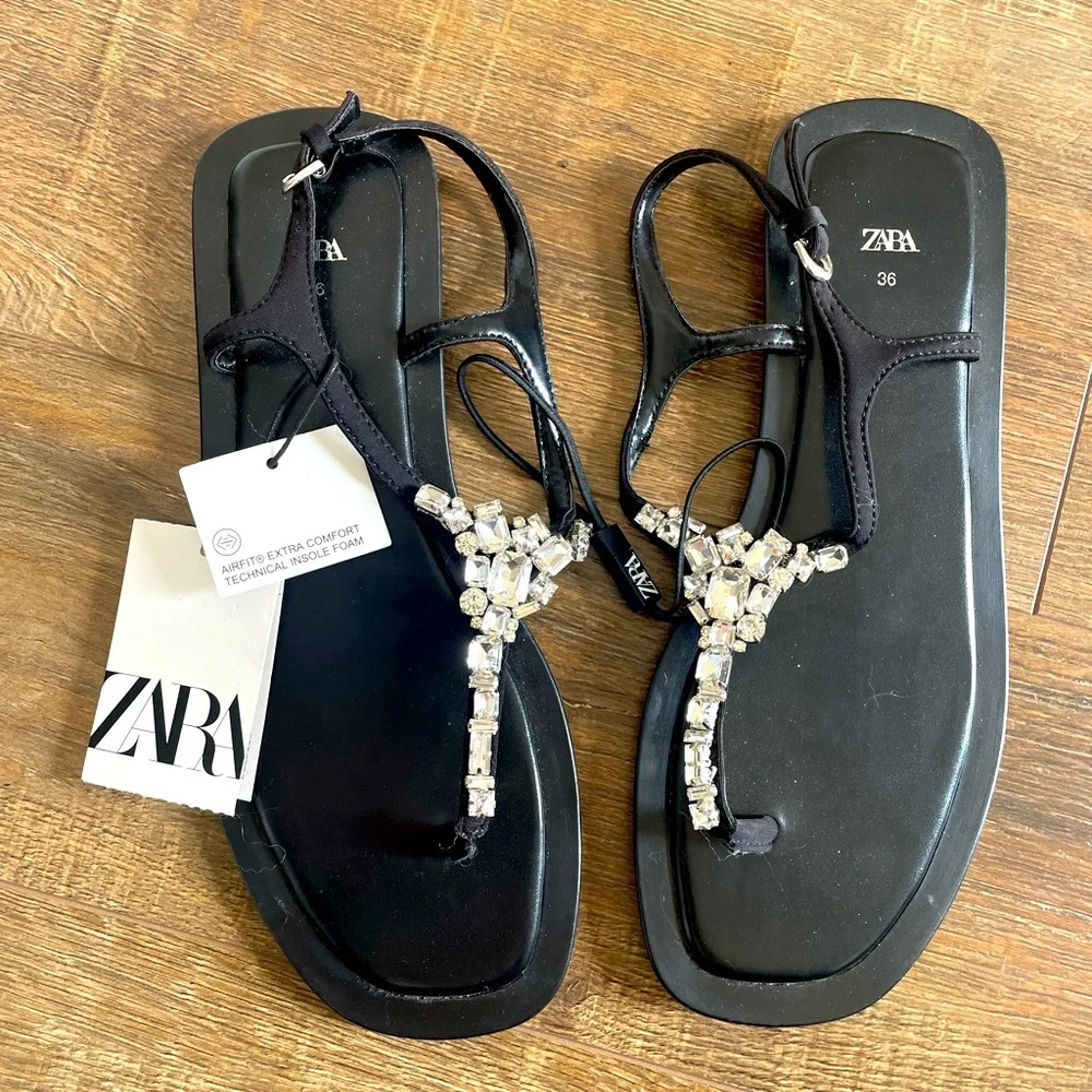 Zara Diamond 💎 Strap Slippers Sandals Womens 6 bejeweled - Picture 5 of 5